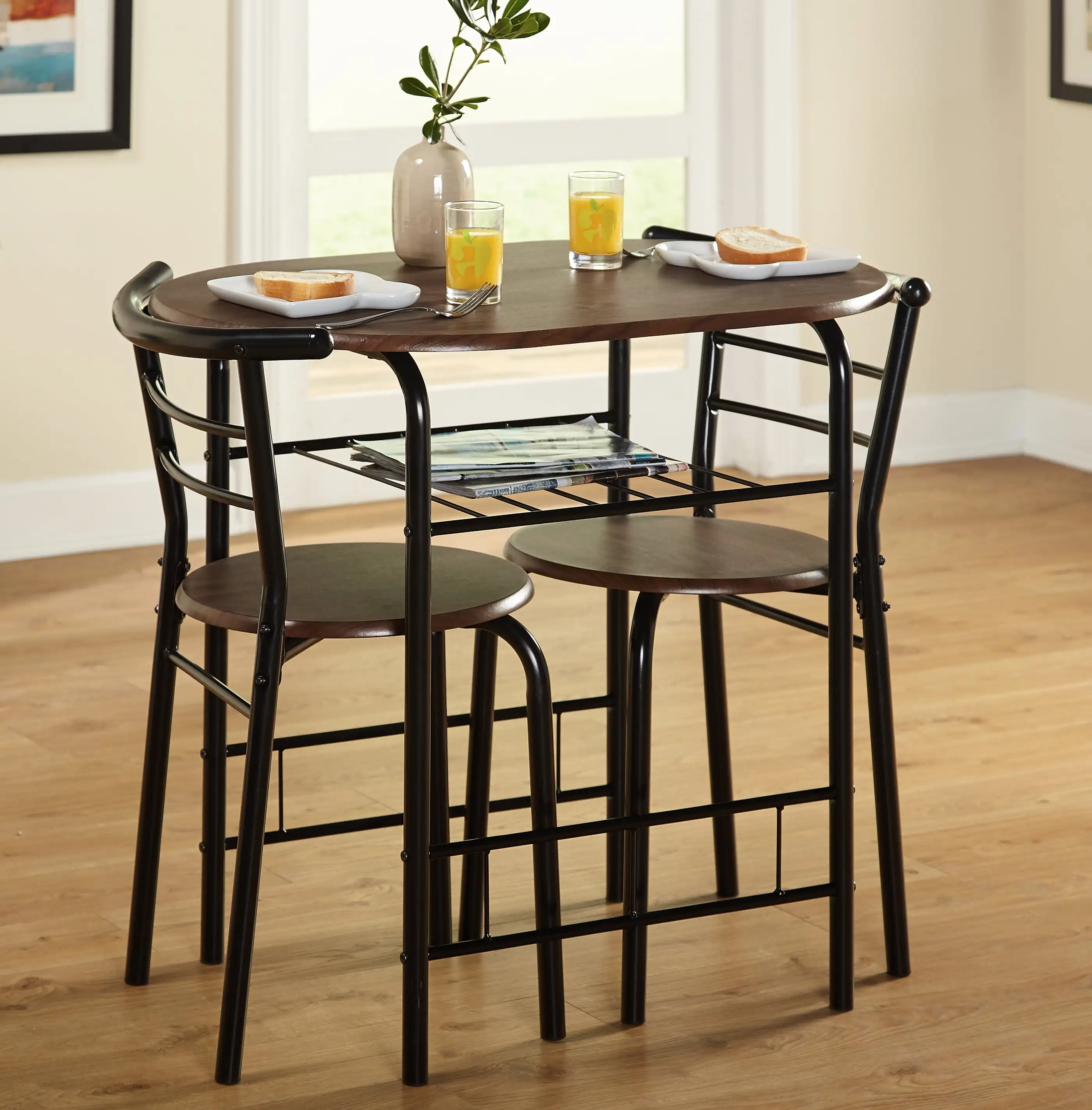 3 - Piece Bistro Dining Set Pub Table Set w/ 2 Stools Iron Frame Counter Height Dining Table Sets, Espresso