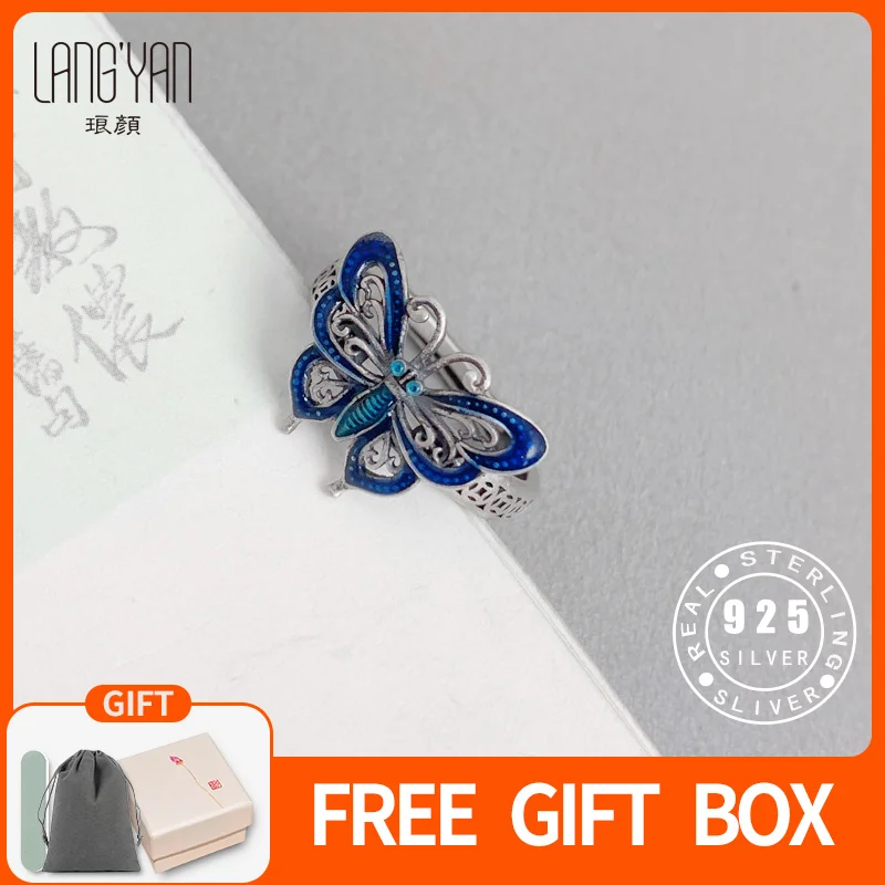 

Langyan 925 Sterling Silver Butterfly Ring with Enamel Hollow out Craft Chinese Vintage Style Adjustable Finger Rings for Woman