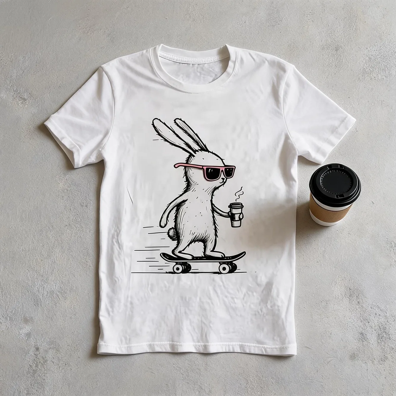 Mens T Shirt White Pure Cotton Round Neck Top With Anime Rabbit Skateboard Print Comfortable Regular Style Fashionable Breathable Sports And Leisure Street Style Party And Event Travel Date Beach Vacation Daily Wear Machine Washable Suitable