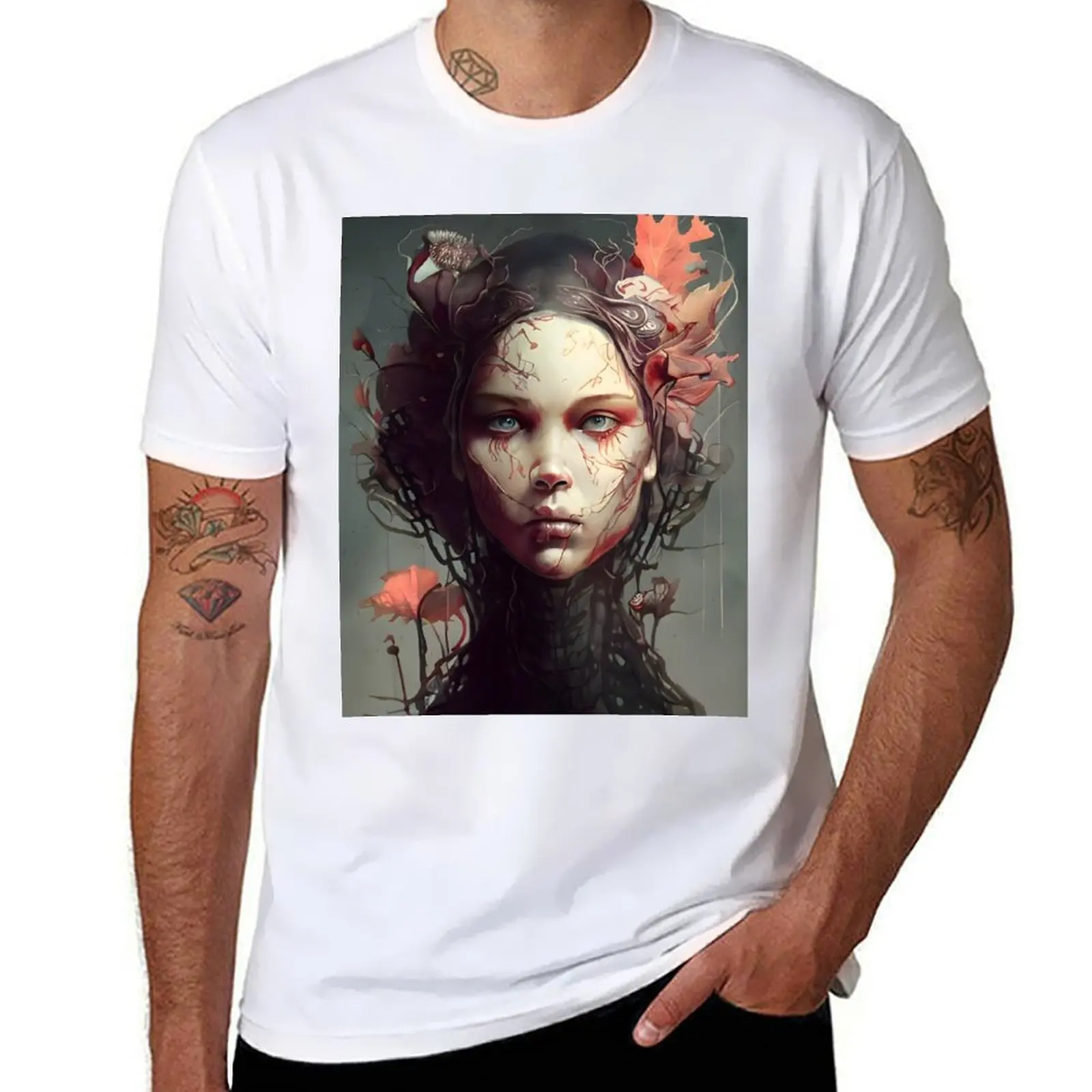 

The Dark Garden - A Haunting Portrait of a Woman Enshrouded in Leaves and Vines T-Shirt man t shirts for men T-Shirt