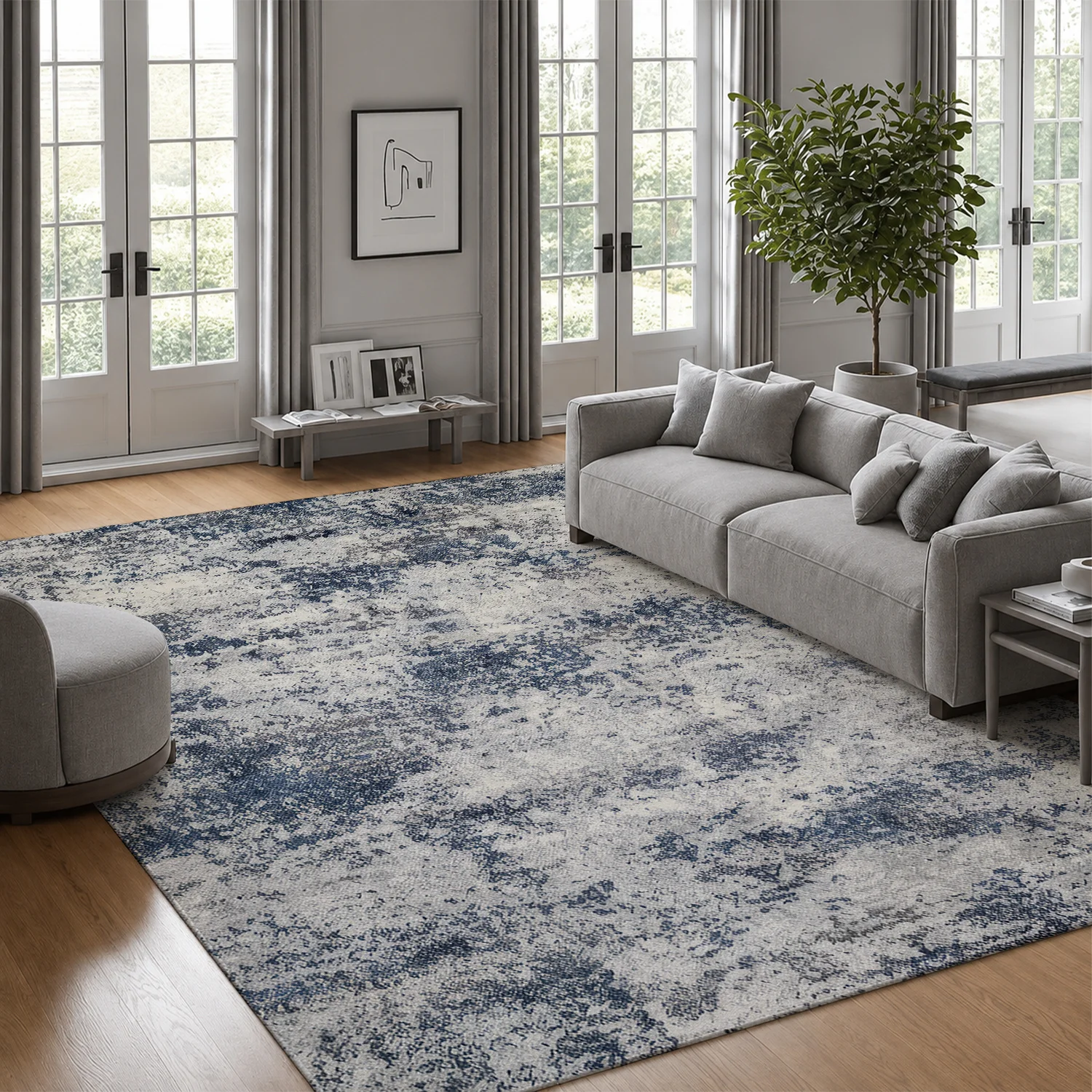 Large Indoor Area Rug, Soft Velvet Low Pile Rug with Non-slip Dotted Backing, Machine Washable Abstract Blue Gray Distressed Rug for Living Room, Bedroom, Modern Home Decor