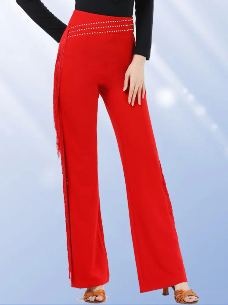 タッセル ハイウエスト ラインストーン フリンジ ワイドレッグ ダンス パンツ 社交ダンスまたはステージ ジャズ モダン パフォーマンス パンツ用