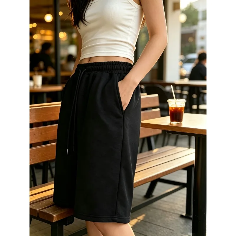 Women's summer solid color five point sports shorts, elastic drawstring high waist wide leg sports pants, loose casual