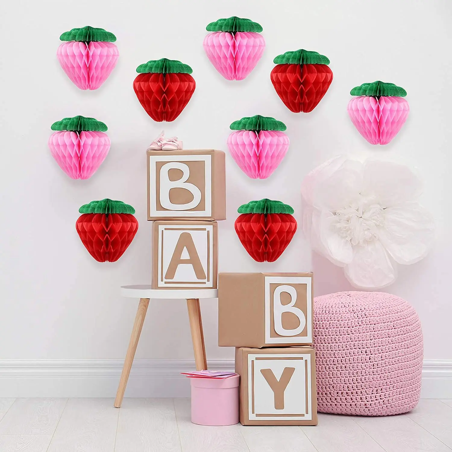 3Pcs Sweet Strawberry Theme Honeycomb Balls Hanging Lantern Banner for Kids Girl Birthday Baby Shower Party Background Decor