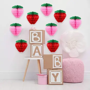 달콤한 딸기 테마 벌집 공 걸이식 랜턴 배너, 소녀 생일 베이비 샤워 파티 배경 장식, 3 개 