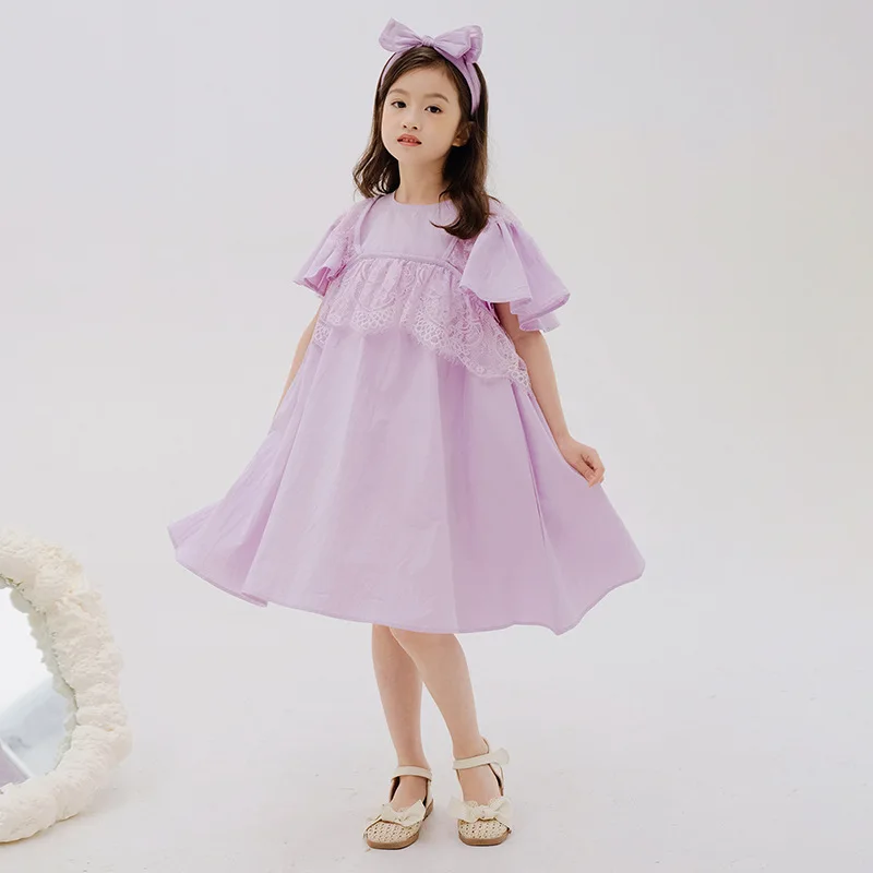 Korean Summer Junior Girl Dress Teenager Girl Flounce Sleeve Patchwork Lace One-piece Dress Children Girl Sweet Princess Dress