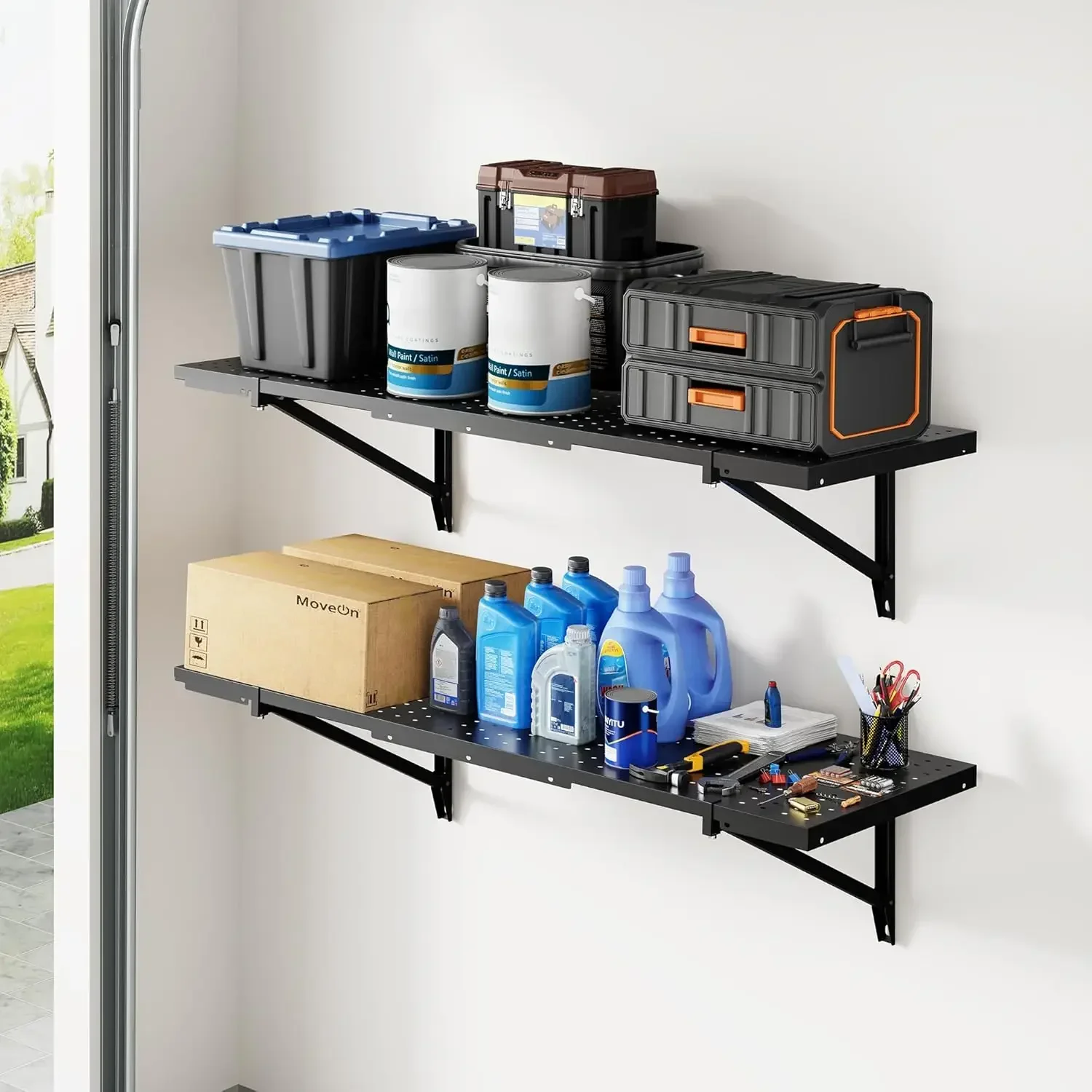 FLEXIMOUNTS 2-Pack 1x3ft Garage Shelving 14-inch-by-34-inch Perforated Wall Shelf, Heavy Duty Garage Storage Rack with 700 lbs L