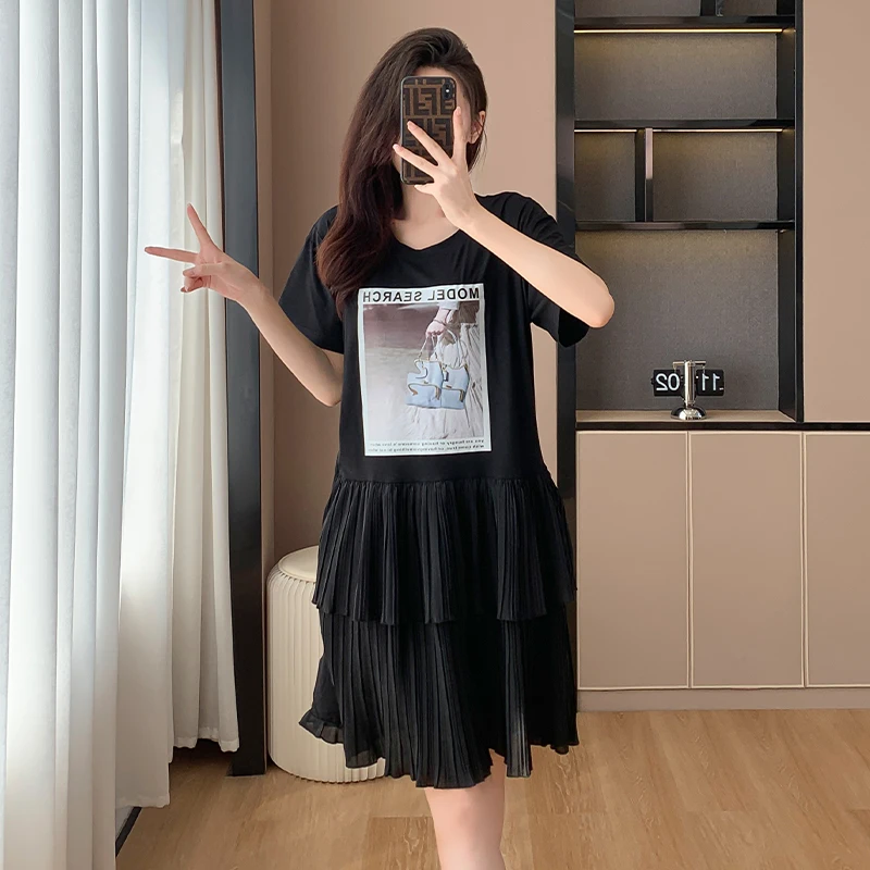 Frauen Baumwolle T-Shirt Kleid Sommer weiblich o Hals Kurzarm groß elegant eine Linie Chiffon falte schwarz knielange Vestidos