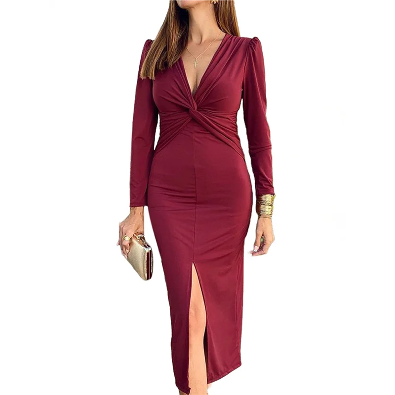 A09P 2025 Women's V Neck Long Sleeve Wrap Ruched Sheath Bodycon Cocktail Party Work Dress Wine Red M