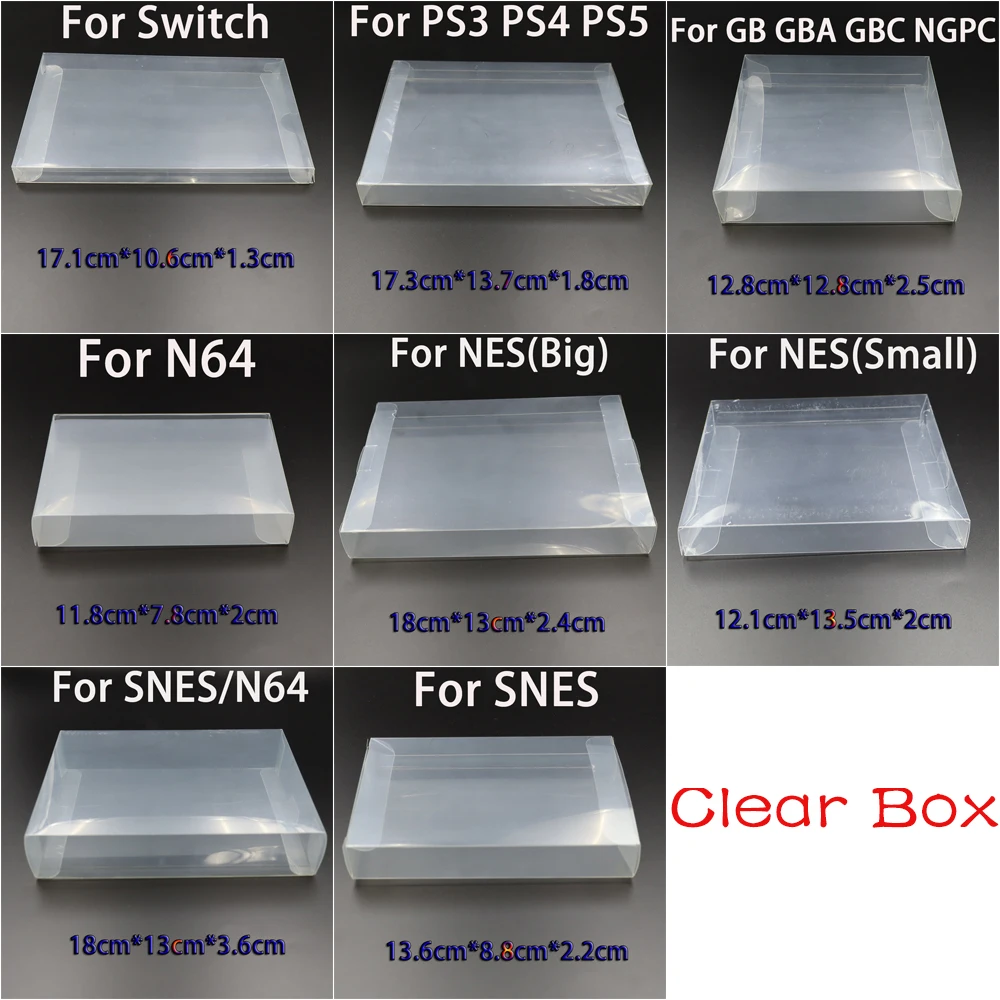 Caixa de cartucho de jogo transparente, capa de plástico para jogos cib, protetor pet para n64 nes snes para gb gba gbc ngpc switch para ps5