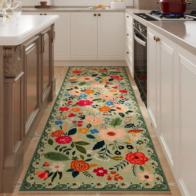 VIKAMA Retro Folk Art Flower Carpet Anti Slip Retro Flower Corridor Carpet Kitchen Farmhouse Home Decoration