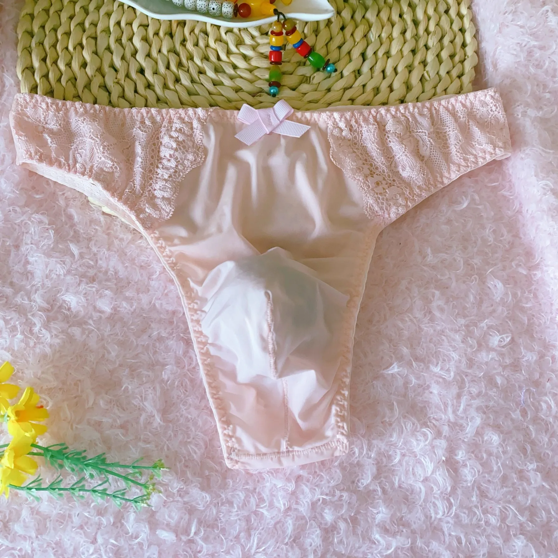 LGBQ lingerie Lace Bowtie Convex Pouch Man's Thong Briefs Sissy Pink Low Waist G-string DJ Club Bar BF Gift Soft Silky Panty