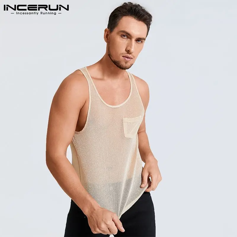 INCERUN Tops 2024 Summer Tank Tops Mens Sleeveless Mesh Thin Tops O-Neck See Through Vests Stylish Pocket Vests Streetwear S-5XL