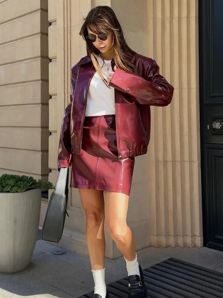 Women Elegant Ancora Red Zipper Leather Jacket 2 Piece Set Fashion High Waist Solid Cropped Mini Skirt Suit 2024 Lady Streetwear