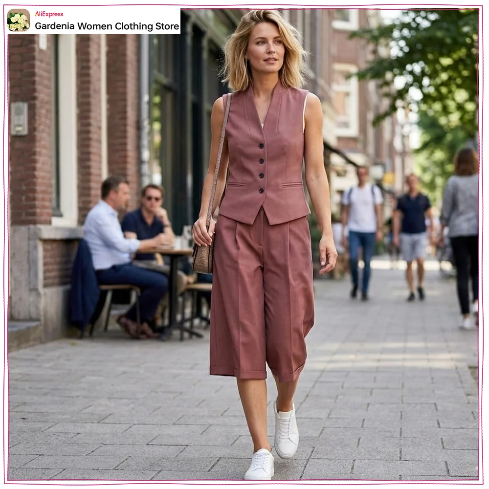 Novedad de Verano: Conjunto Casual de Dos Piezas para Mujer, Color Marsala, Chaleco de Lino con Pantalones Cortos Largos de Mezcla de Lino con Bolsillos Falsos