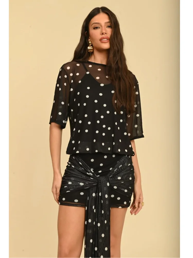 Arctic Cat Elegant ครึ่งแขน Polka Dot Tie ชุดมินิสําหรับผู้หญิงเซ็กซี่กระชับ Elegant Party Club ชุดราตรี Holiday Beach