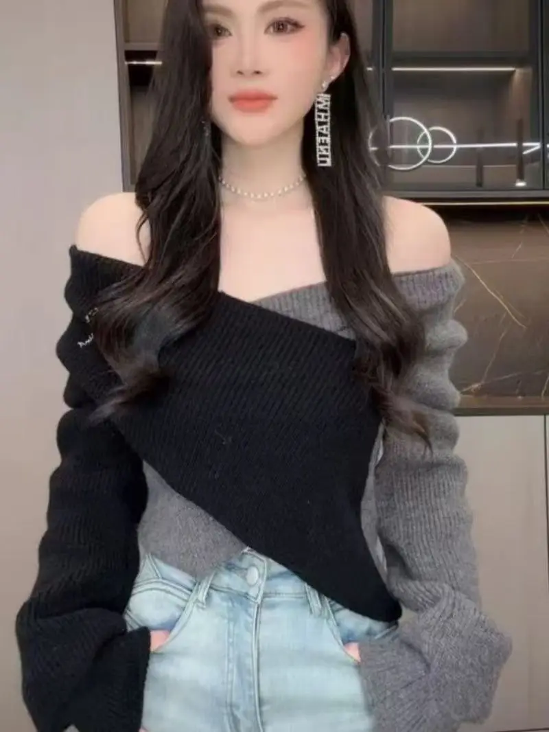 Elegante camicetta asimmetrica in maglia con scollo a V e maniche svasate per le donne Abbigliamento casual slim fit moda primavera autunno