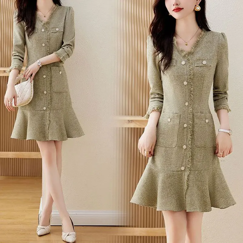 Elegant V-Neck Mermaid Midi Dress Women's Clothing Stylish Tassel Spring Autumn Button Slim A-Line Waist Vintage Pockets Dresses