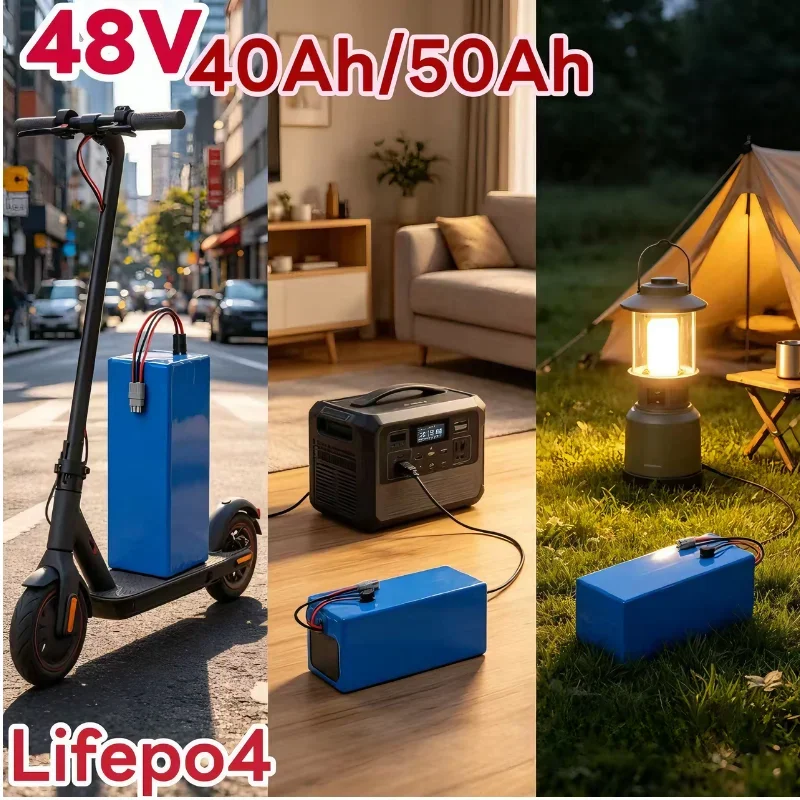 48V 40Ah 50Ah LiFePO4 Battery Bluetooth BMS 16S 2000W For Scooter E-Bike Tricycle Boat Go Cart +5A Charger