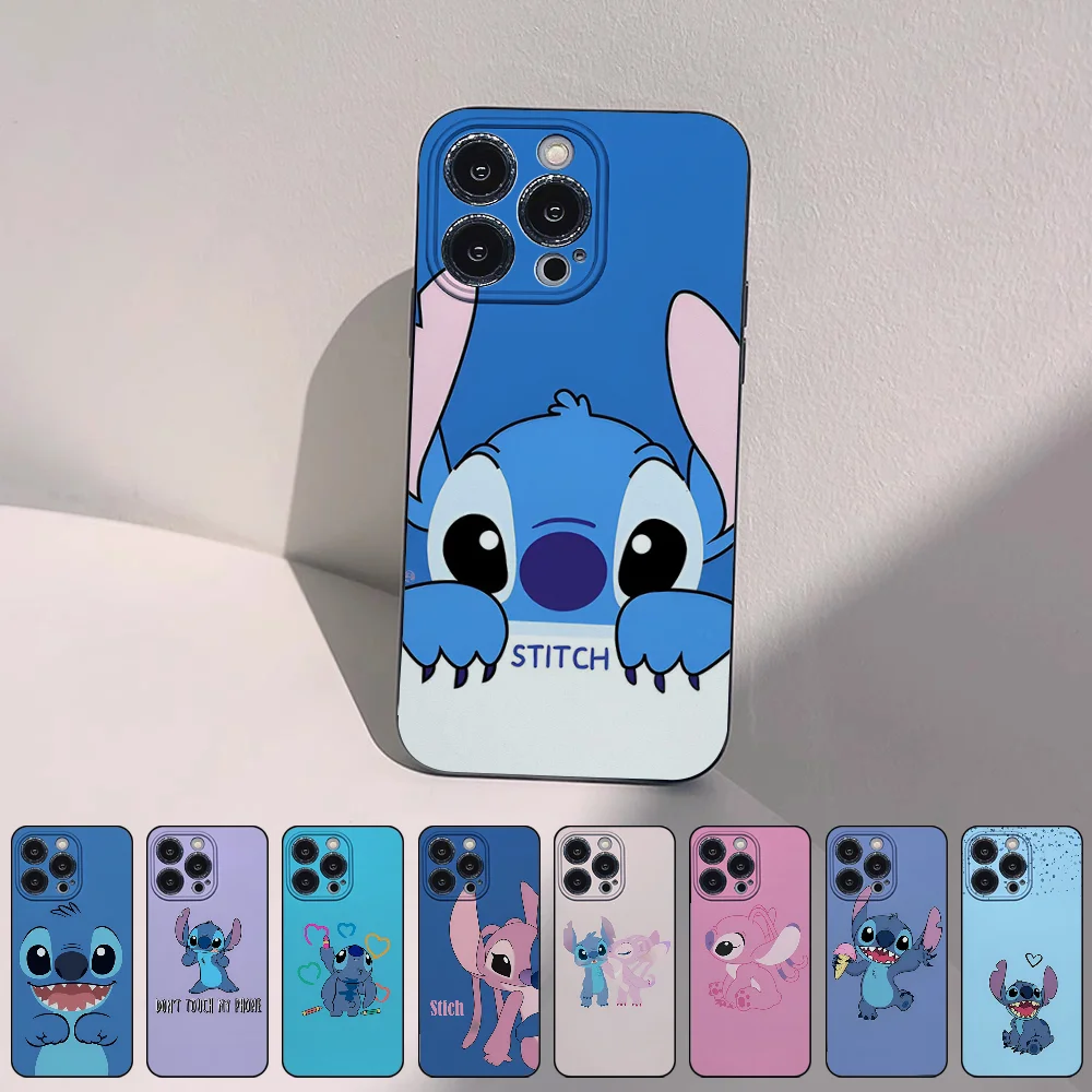 Stitch-Lilos Cute Phone Case for iPhone 15 14 13 Pro Max 11 12 Mini X Xs XR Se 2022 Black Silicone Cover