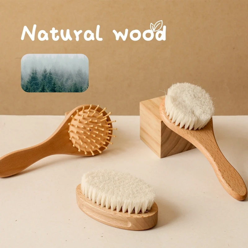 Baby Natural Wooden Hair Brush Round Shape Wooden Massage Comb Brush with Soft Wool Portable Newborn Head Massager Birth Gifts