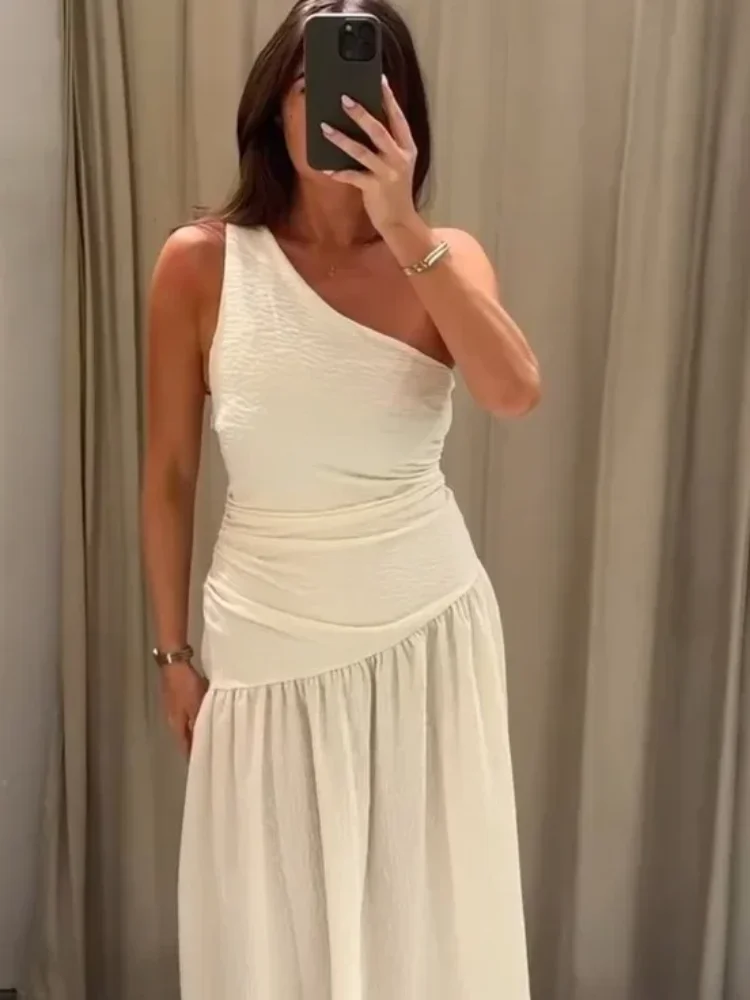 

Текстурированное платье миди на одно плечо с асимметричным вырезом, без рукавов, с драпировкой сбоку, расклешенным подолом, женское, для отпуска