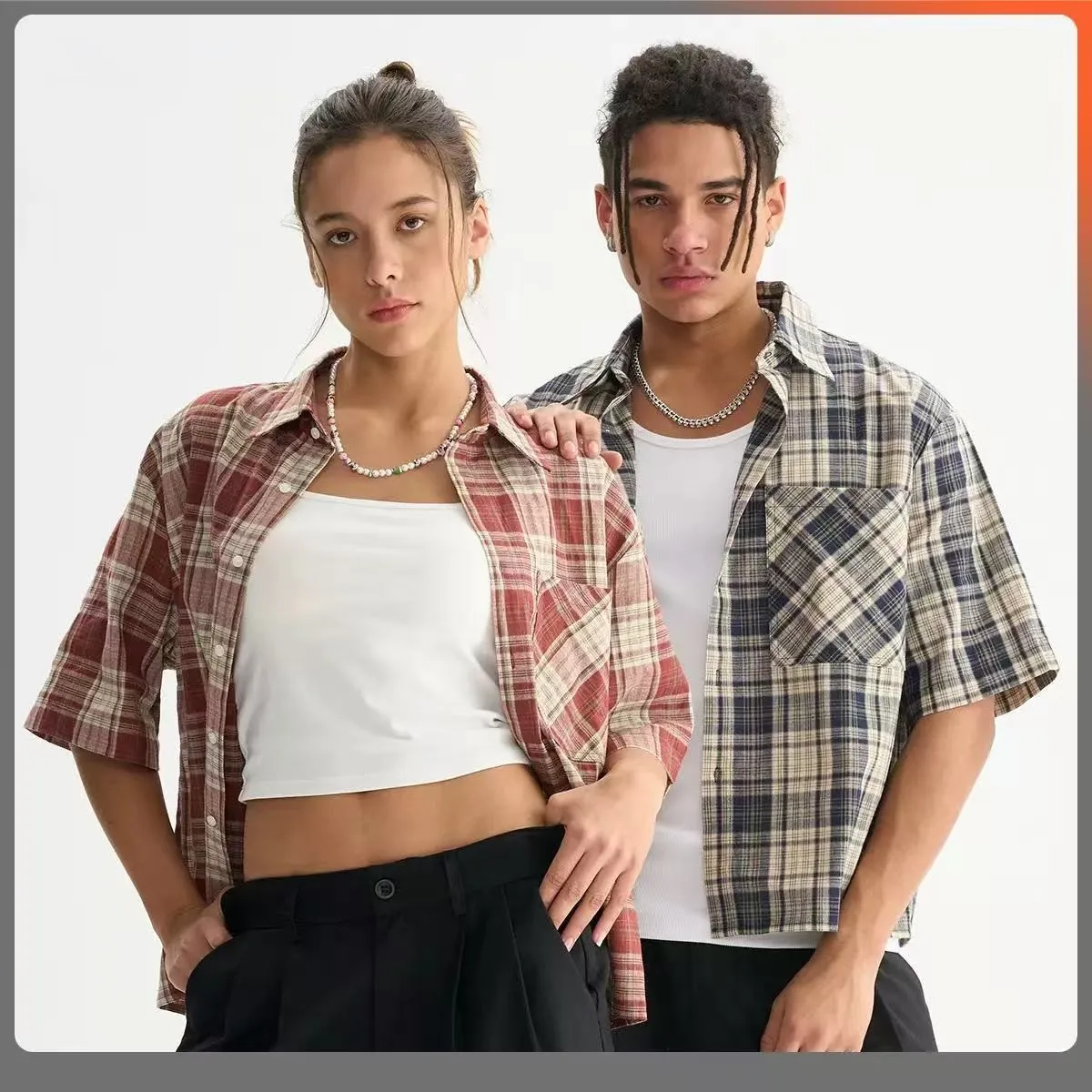 Men's Fashion Boxy Fit Checkered Short Sleeve Shirt 100% Cotton Oversized Casual Slim Fit Vintage Plaid Shirt Summer Couple Tops