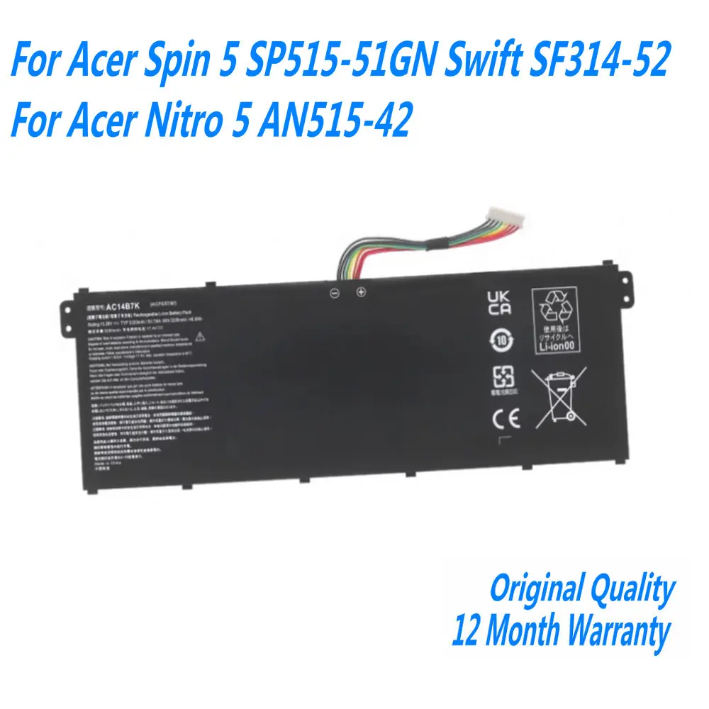 

New 15.28V 3320mAh 50.7WH AC14B7K Laptop Battery For Acer Spin 5 SP515-51GN Swift SF314-52 For Acer Nitro 5 AN515-42