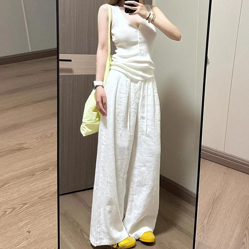 

American Drawstring Drape Straight Pants High Waist Short White Women's Summer Casual Pants