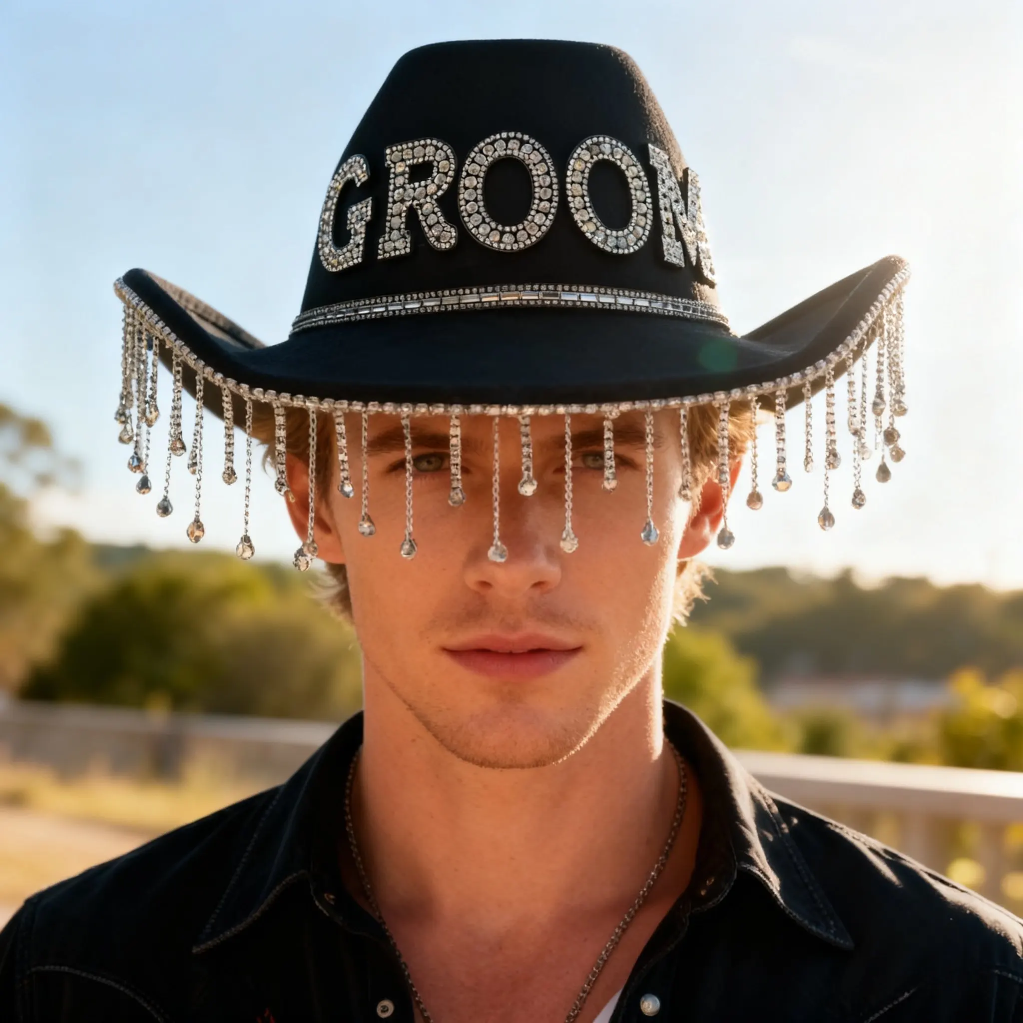 HongLuan Schwarzer Hochzeits-Bräutigam-Kostümhut für Erwachsene, Cowboy-Hüte mit Strasssteinen für Herren, Cowboy-Cosplay-Accessoires und Cowgirl-Kappe