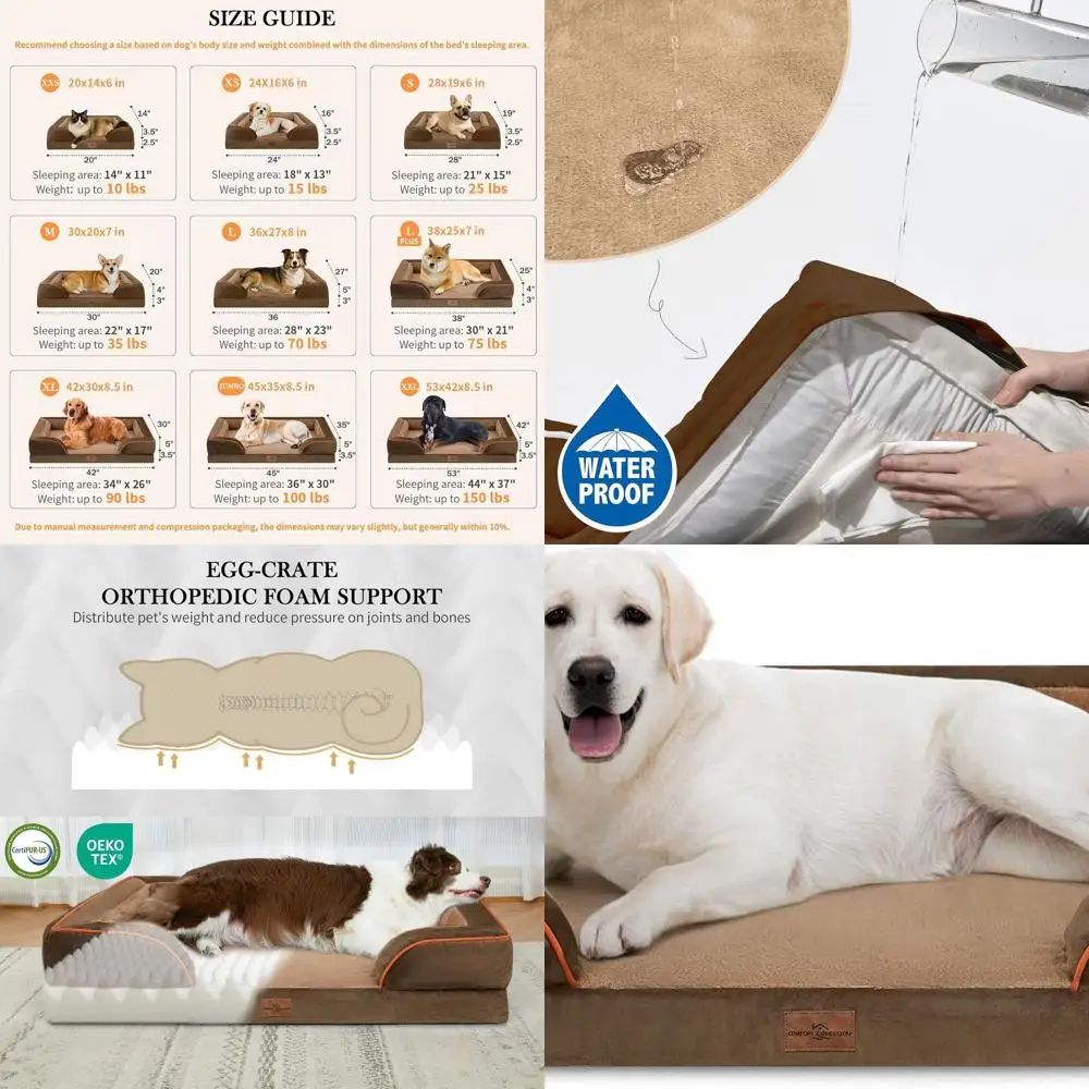 

Extra Large Orthopedic Dog Bed, 45x35 Waterproof XL Pet Couch with Removable Bolster, Washable Cover & Non-Slip Base, Brown