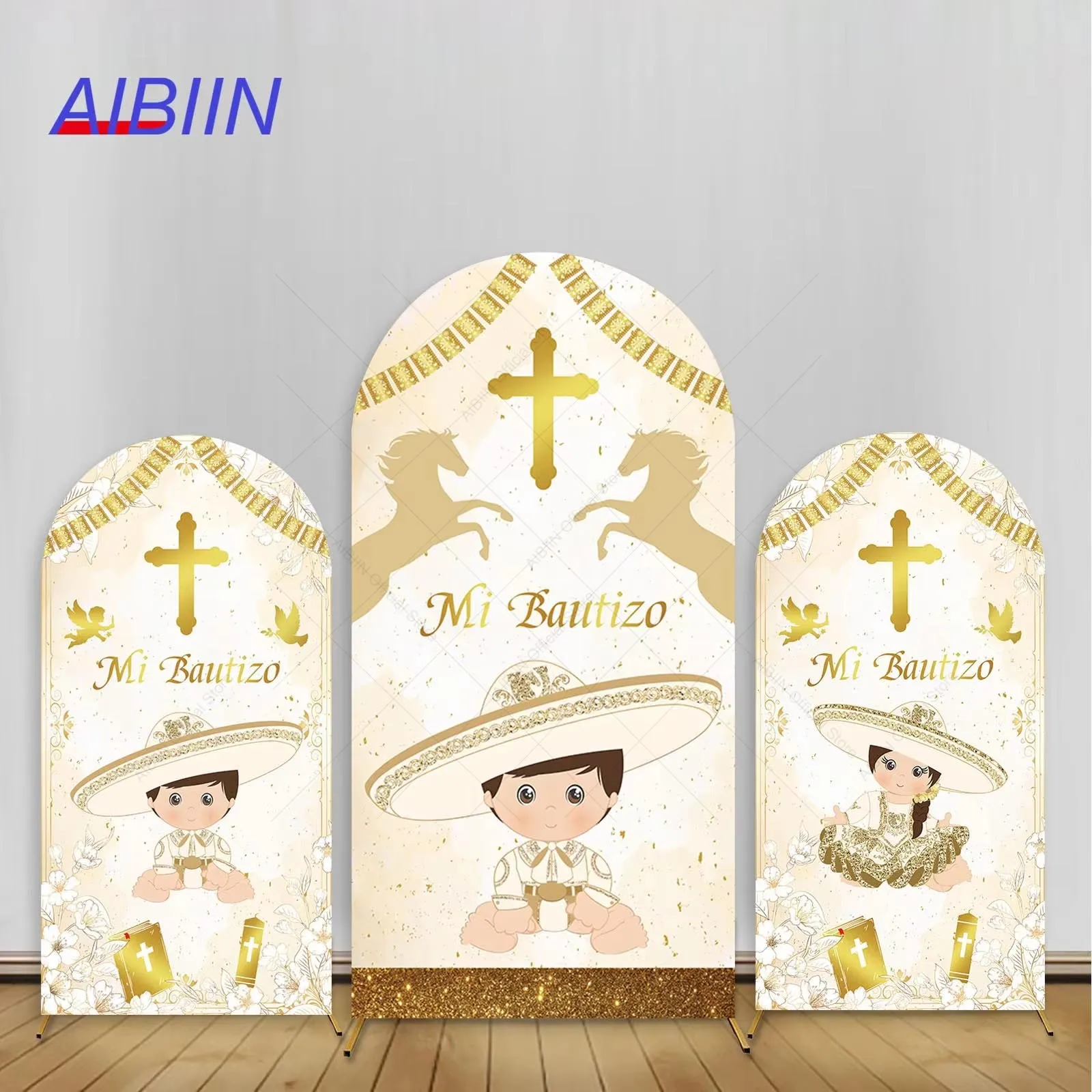 Mi Bautizo Arch Backdrop Cover Gold Cross Flower Horse Mexican Charro Baby Baptism First Holy Communion Party Decor Background