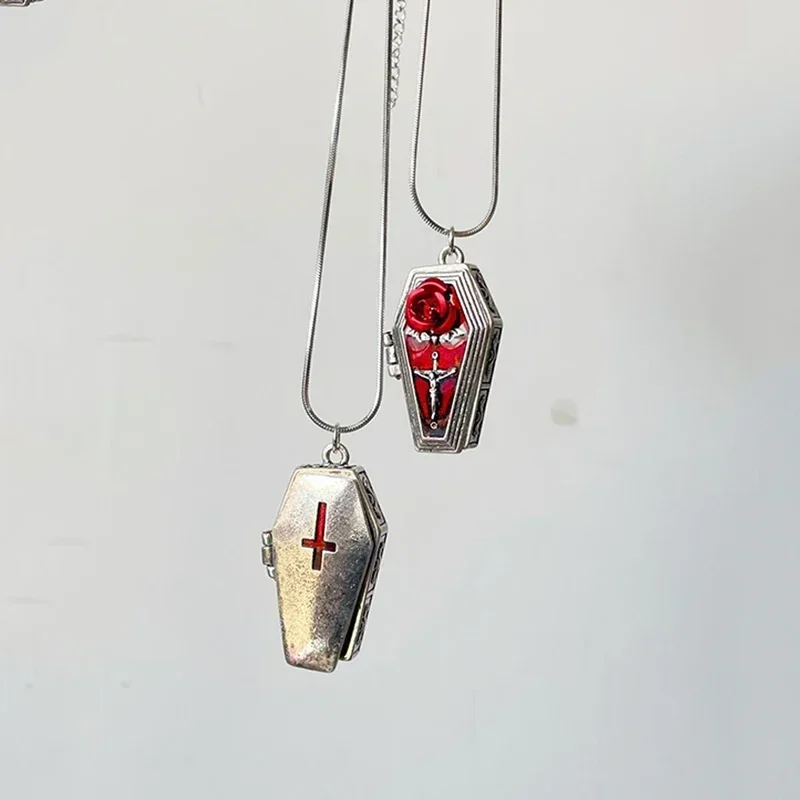 Gothic Sieraden Rode Doodskist Hanger Kettingen Opinable Choker Punk Charms Snake Bone Cross Ketting Voor Vrouwen Grunge Accessoire