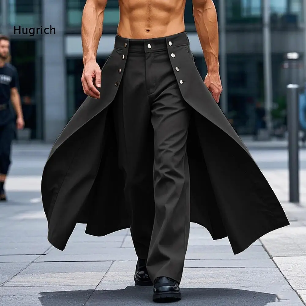 Gothic Clubwear Mens Loose Trousers Long Skirt Overlay On Sides Metal Buttons Detail Wide Leg Cut For Special Occasion Outfits