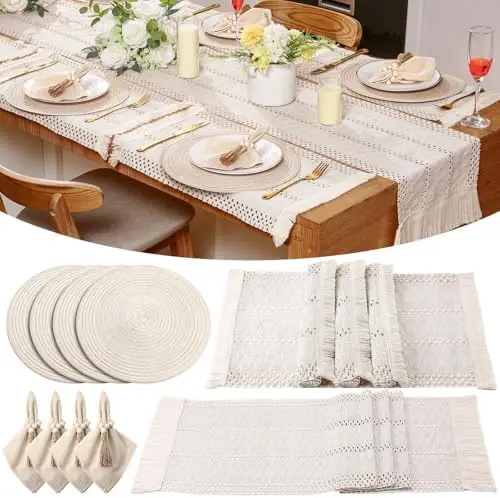 

Boho Placemats Set with Napkins, Napkin Rings & Table Runner - Farmhouse Rustic Cotton Burlap Decor
