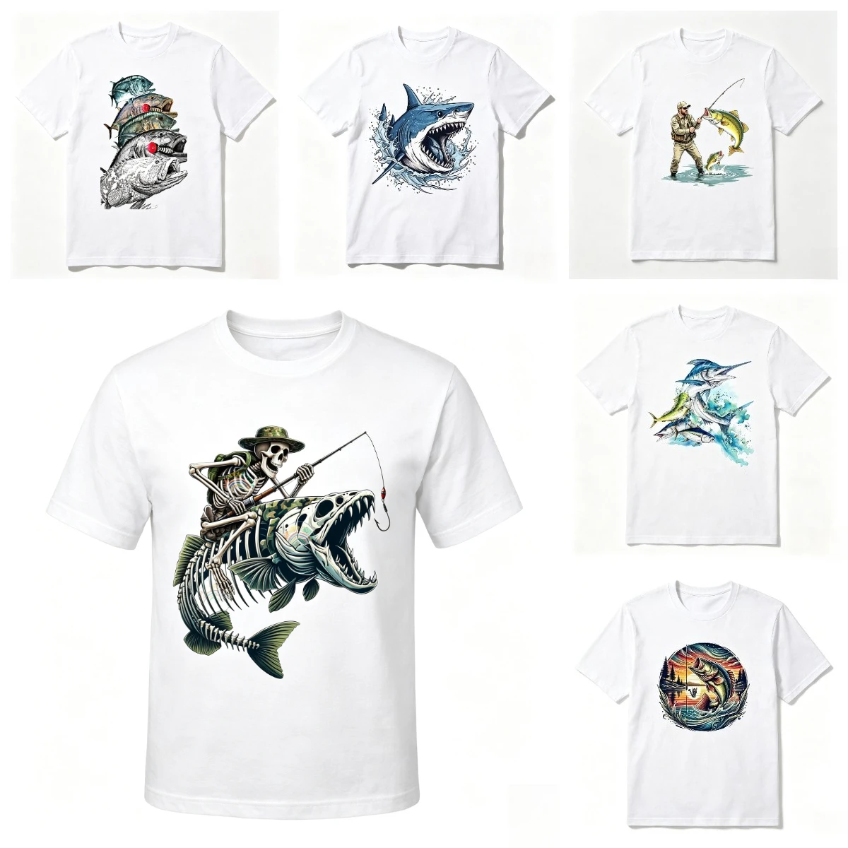 Men White T-Shirt Funny Fishing Skeleton Printed Graphic Tee Skeleton Fish Bones Top for Outdoor Angler Summer Casual Wear