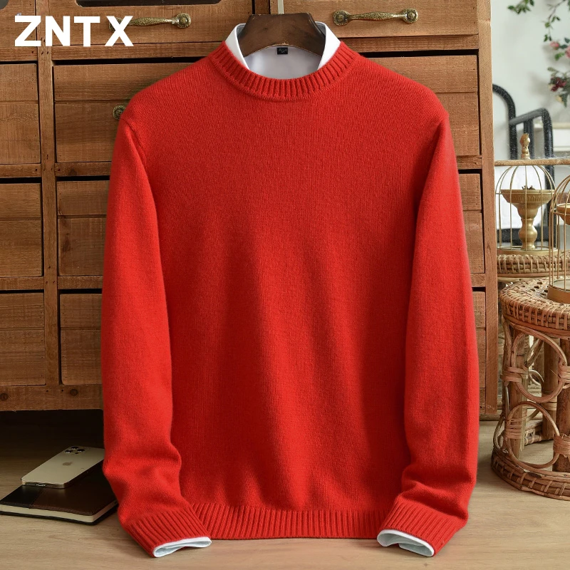 New Pure Cashmere Sweater Men's Round Neck Thick Knitted Winter Warm Base Sweater Youth High end Leisure Fashion Korean Style