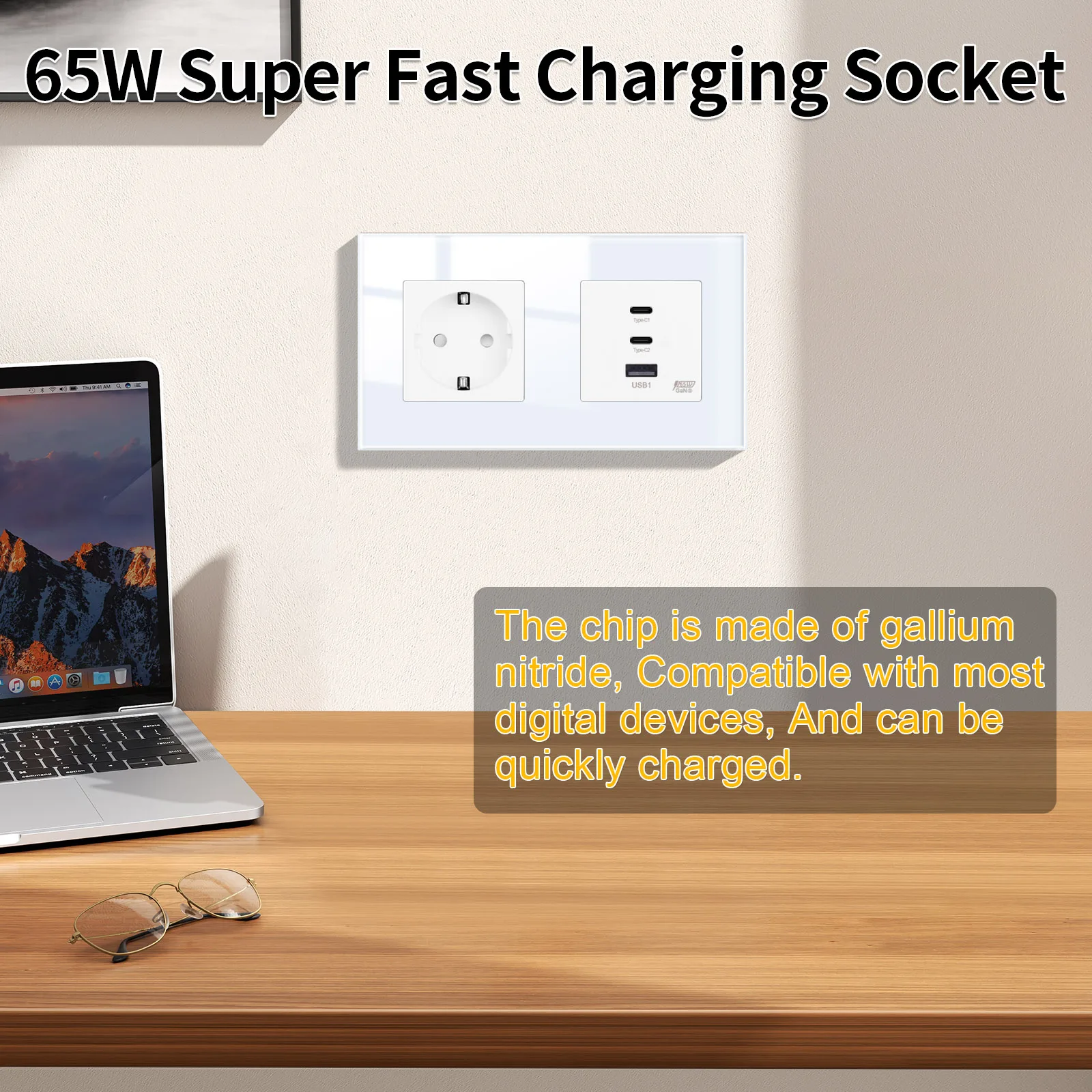 BINGOELEC الاتحاد الأوروبي مقبس الطاقة التلفزيون/CAT6 مخصص مع 65 واط شحن سريع للغاية USB/Type-c ميناء لوحة زجاجية مقبس الحائط 220 فولت التوصيل الآمن