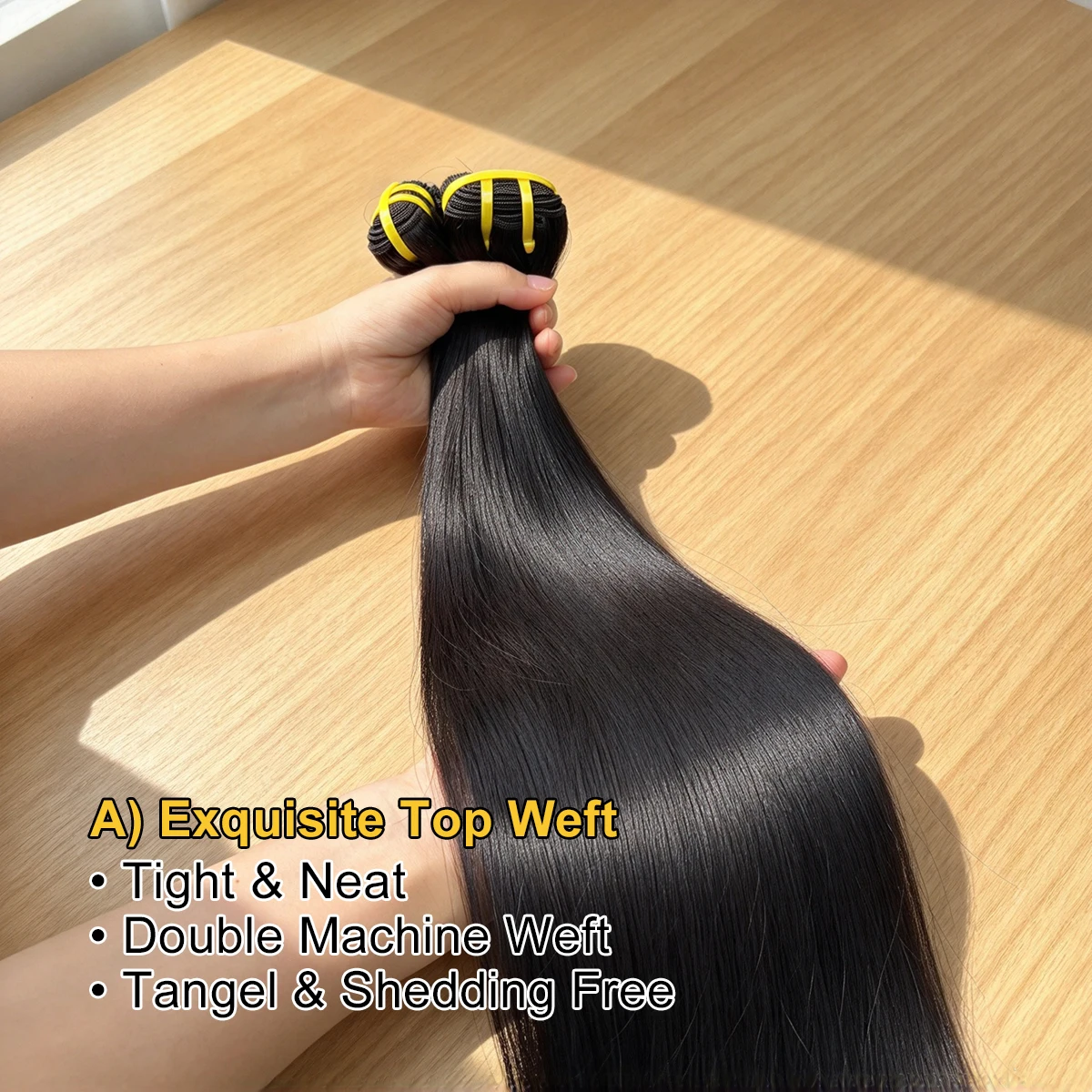 16A, glattes, echtes Haar, doppelt gewebt, unbehandeltes, naturbelassenes Haar, 100 % unbehandelt, zum Einnähen, natürliche Farbe für Damen. – Detail 3