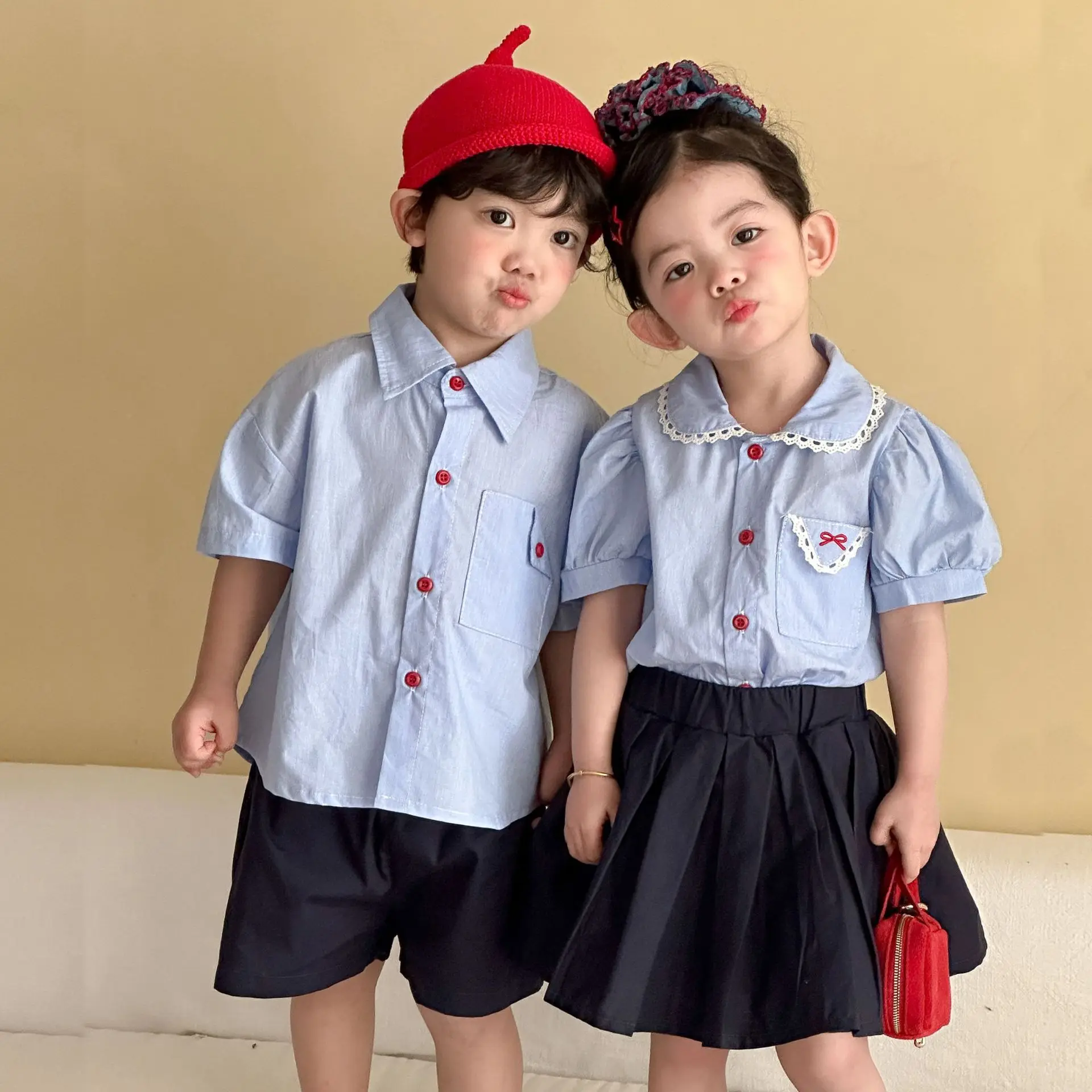 Set 2026 spring and summer new childrens Clothes Korean style boys and girls college style shirt shorts dress brother and sister