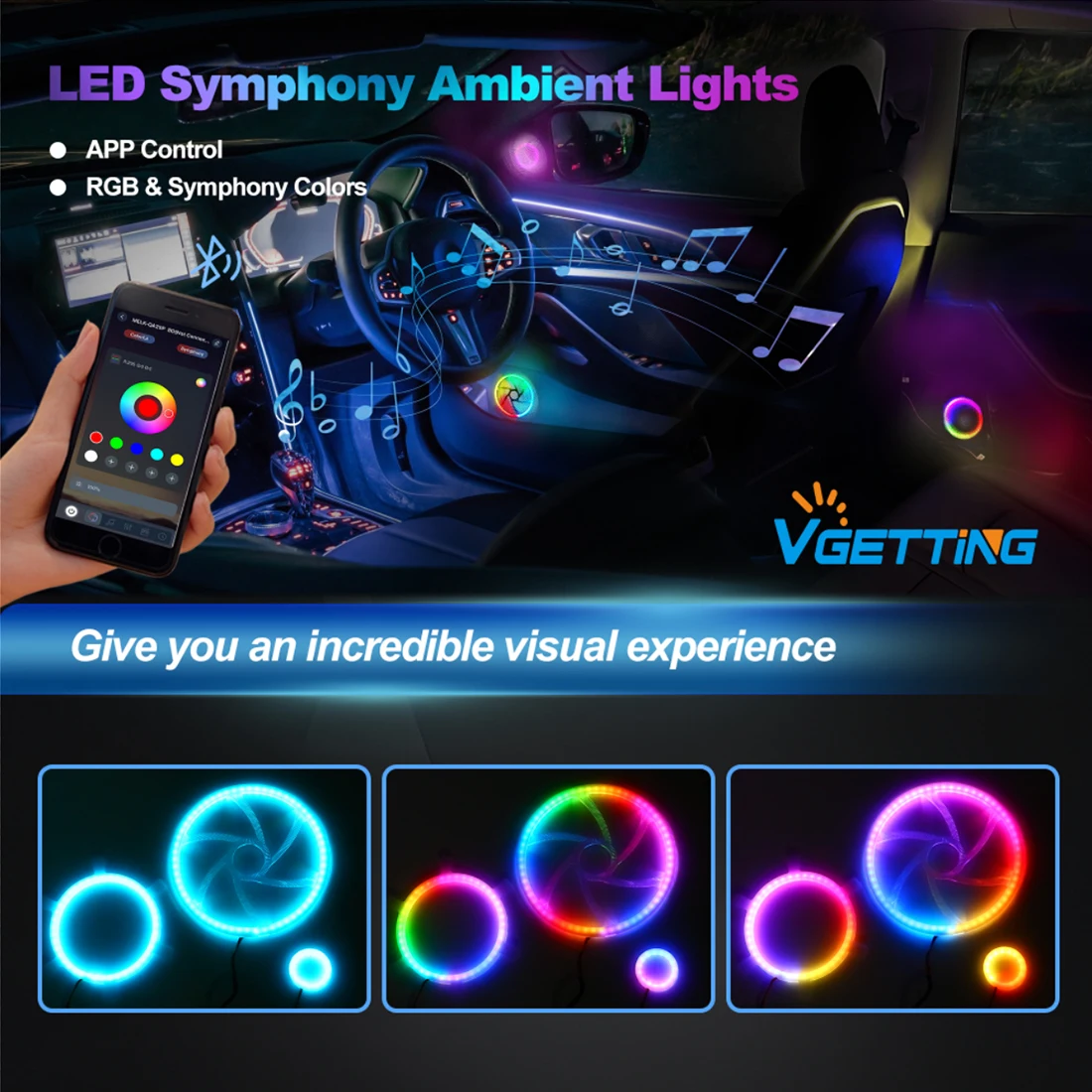 

Symphony RGB Car Ambient Horn Light Tweeter LED Audio Hood 64 colors Interior Decoration Atmospere Lamps APP Control Accessories