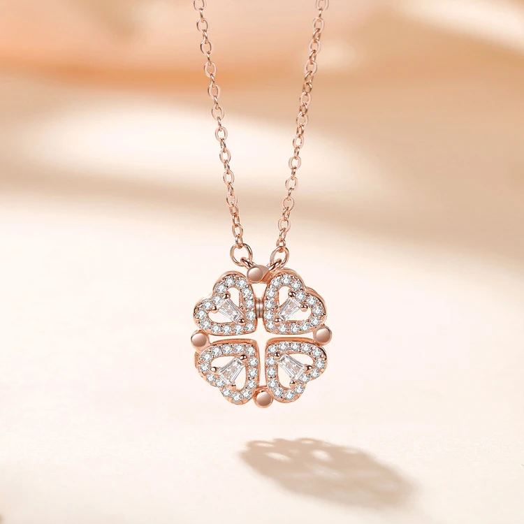 Multi-wear Thick Gold Plating 925 Sterling Silver Four Leaf Clover Heart Necklace Pendant