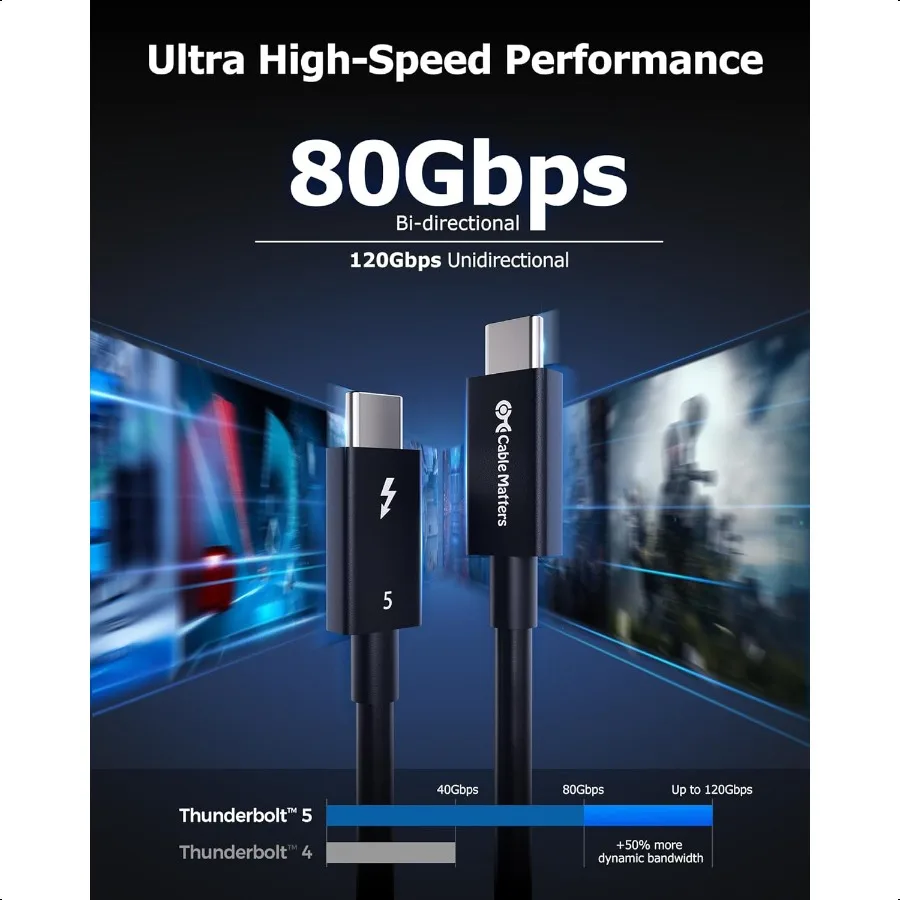 [معتمدة من Intel] كابل Thunderbolt 5 بسرعة 80 جيجابت في الثانية مع تعزيز عرض النطاق الترددي يصل إلى 120 جيجابت في الثانية وشحن 240 وات 0.5 متر 1.6 قدم متوافق مع Th