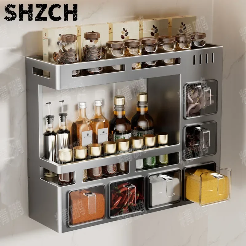 Carbon Steel Wall-Mounted Spice Rack Multi-Function Kitchen Shelf Oil Salt Vinegar Organizer  Pull-Out Seasoning Jar Storage Box