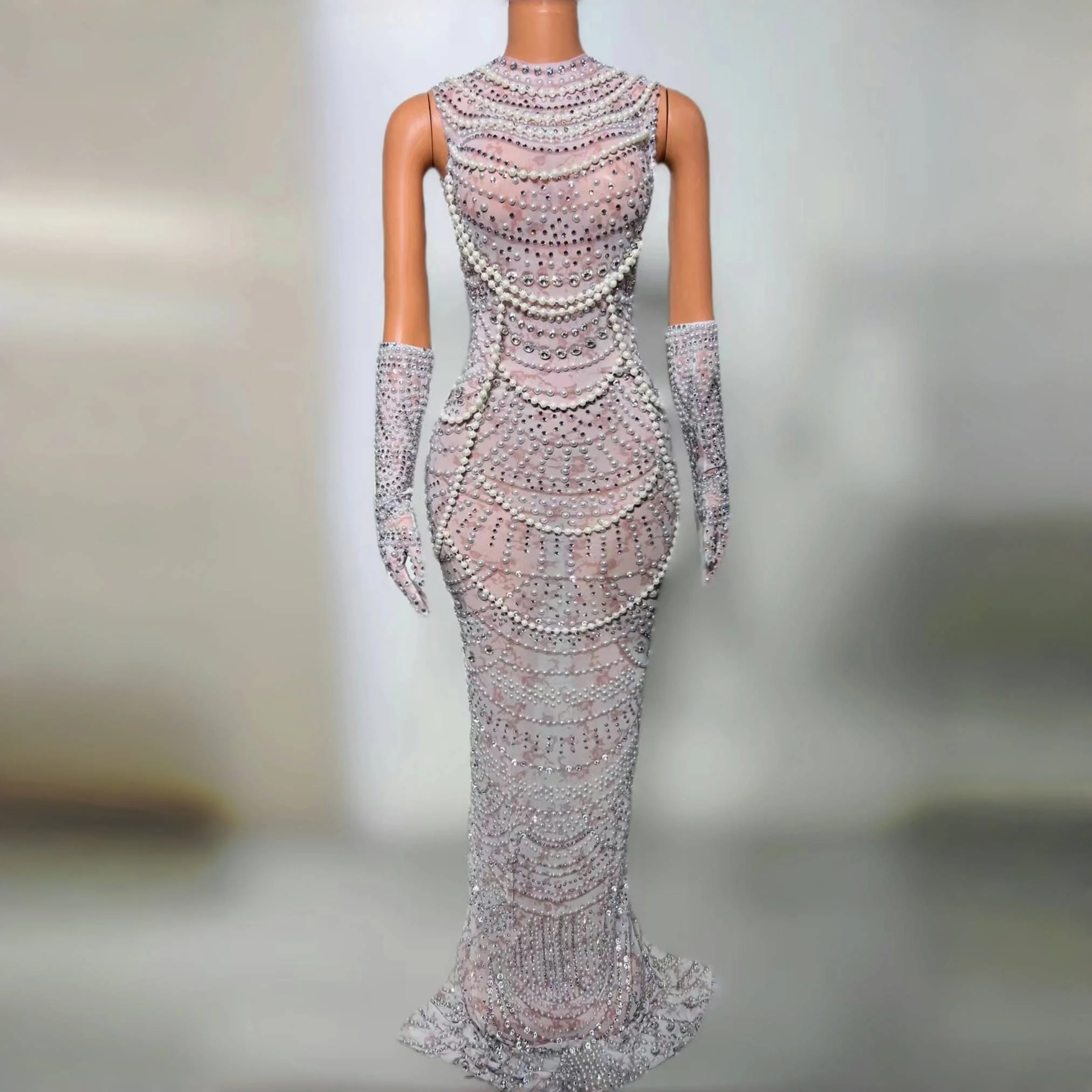 

Sparkling Rhinestone Gorgeous Bodycon Evening Gown Pearl Dress with Gloves Elegant White Maxi Dress Christmas Party Banquet Robe