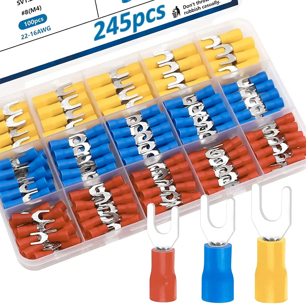 

245Pcs Fork Spade Connectors 22-16/16-14/12-10 AWG Insulated Wire Fork Terminal Connectors U-Type Crimp Terminal Pack in Box