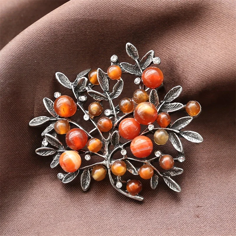 Red Rhinestone Trees Brooch Natural Stone Pin Vintage Bouquet Clothes Clip Brooches and Pins for Women Wedding Accessories