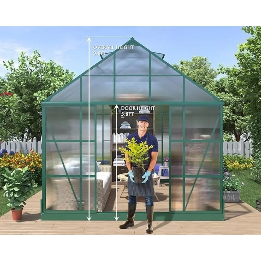 12x10x10 FT Polycarbonate Greenhouse with 4 Vents Window Walk-in Large Aluminum Greenhouse Premium Professional Hot House