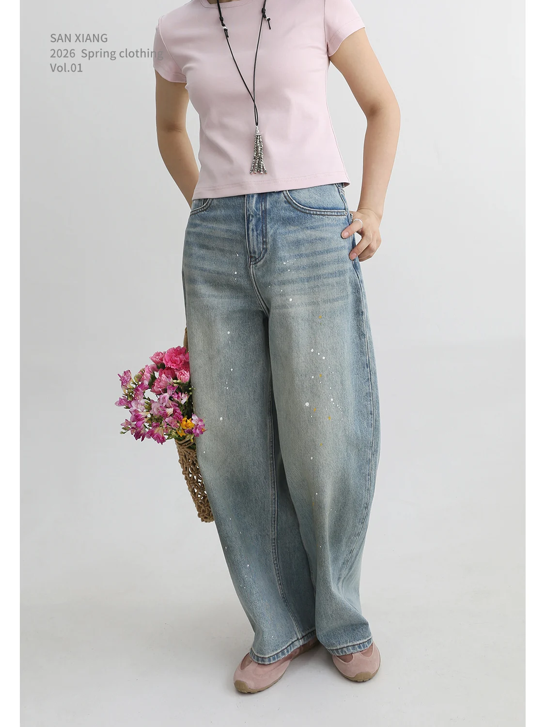 

Artistic Splatter Denim Jeans Women's Vintage Washed Pure Cotton Loose Long Trousers High Waist No Stretch Spring New