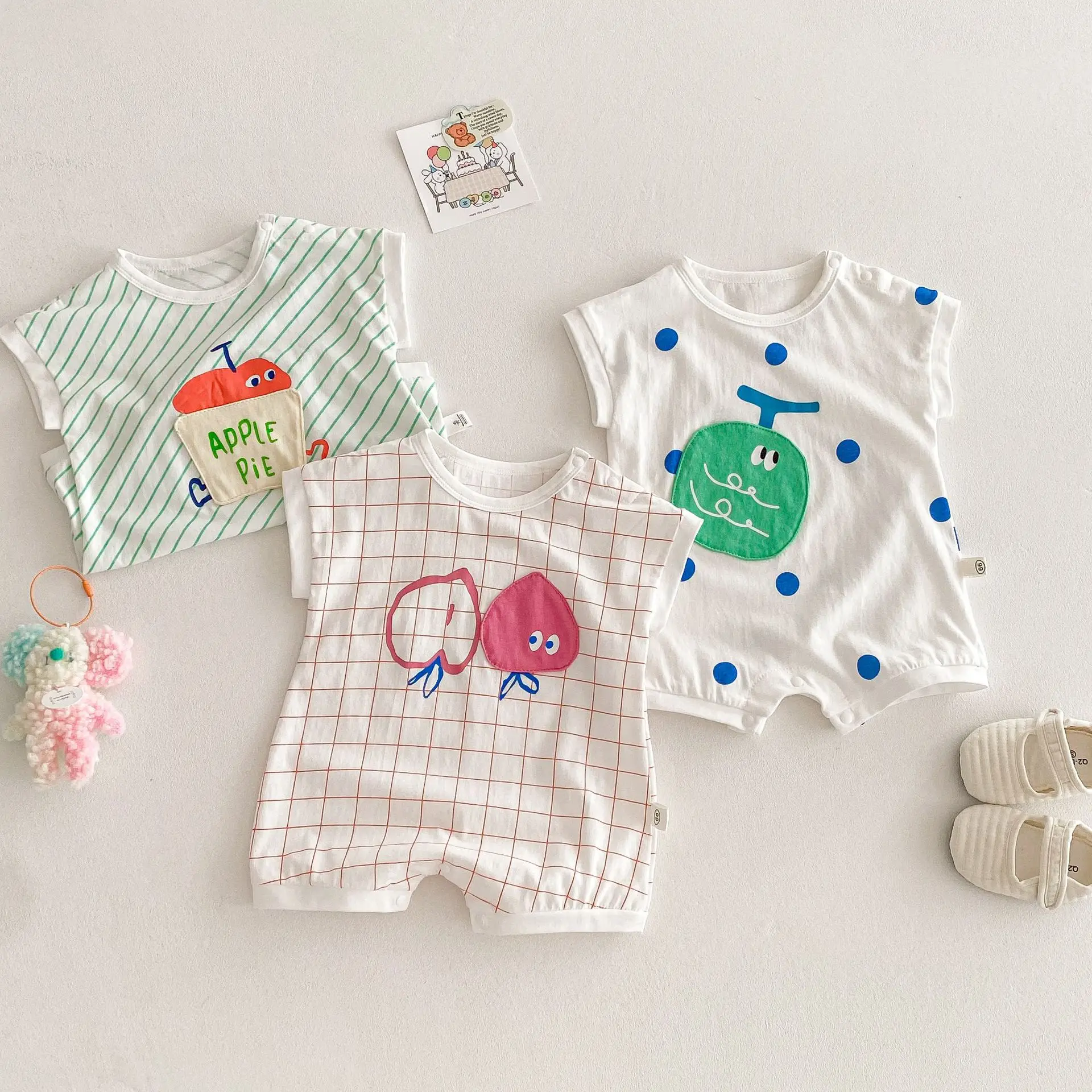 2025 novo bonito pêssego impressão macacão da criança meninos meninas manga curta algodão listra macacão moda roupas do bebê